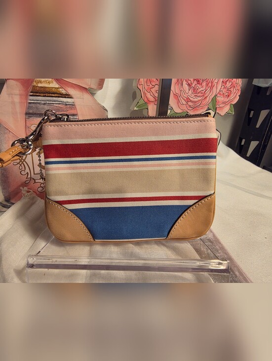 Coach Handbags - Coach Striped Canvas Wristlet in Blue, Red, Pink, Cream & Tan